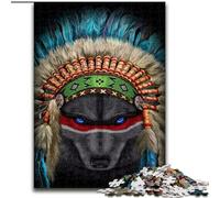 Puzzles pour Adultes 1000 pièces Chef de Guerre Indien Loup, Difficile avec des pièces entièrement emboîtables de Formes aléatoires (Taille 26x38cm)