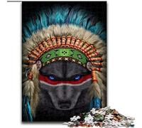 Puzzles pour Adultes, 1000 pièces, Chef de Guerre Indien, Loup, Puzzle en Bois, Taille 50x75cm. Un Casse-tête Stimulant - Jouet Relaxant pour Adolescents.