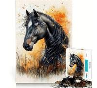 Puzzles pour Adultes 1000 pièces Cheval Noir et Automne Découpe serrée Amusant,Jeu de Construction et de Concentration,Temps de détente et de Divertissement,Jeu Artistique d'anniversaire (38x52cm)