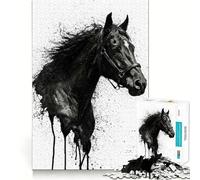 Puzzles pour Adultes 1000 pièces Cheval Noir Splash Art Découpe serrée Amusant,Jeu de Construction et de Concentration,Loisirs et Divertissement,Jeu Artistique d'anniversaire (38x26cm)