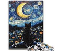 Puzzles pour Adultes 1000 pièces Ciel Nocturne Chat Noir Jeu Stimulant Jouets à Offrir en Cadeau pour Toute la Famille à partir de 14 Ans 26x38cm