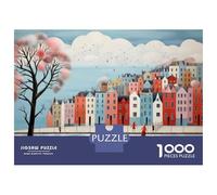 Puzzles pour Adultes 1000 Pièces Cityscape with Colorful Houses and Cherry Blossom Tree. Puzzles pour Adultes Jeu De Réflexion Et De Logique Activités Amusantes À La Maison, 70x50cm/1000pcs