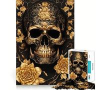 Puzzles pour Adultes 1000 pièces Crâne Noir et Or Fleur Découpe serrée Amusant,Jeu de Construction et de Concentration,Loisirs et Divertissement,Jeu Artistique d'anniversaire (38x26cm)