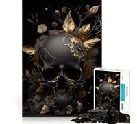 Puzzles pour Adultes 1000 pièces Crâne Noir Fleurs dorées Découpe précise Jeu de Construction Amusant et Stimulant,Loisirs et Divertissement,Jeu Artistique d'anniversaire (38x52cm)