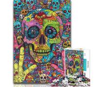 Puzzles pour Adultes 1000 pièces Crâne psychédélique, Anti-Stress, Vacances à la Maison, Tuer Le Temps avec Affiche et fiche de Questions Assorties (38x26cm)
