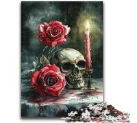 Puzzles pour Adultes 1000 pièces Crâne Rose Rouge Bougie pour 14+ Jeu de défi Unique Jeux de Famille Cadeaux d'anniversaire de Noël 50x75cm