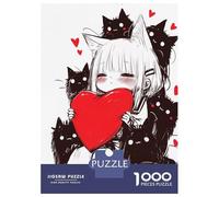 Puzzles pour Adultes 1000 Pièces Cute Anime Neko Girl with Red Heart and Black Cats Puzzle pour Adultes, Jouet Anti-Stress, Difficile, Excellent Cadeau pour Les Amateurs De Jeux 52x38cm/1000pcs