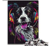 Puzzles pour Adultes 1000 pièces DJ Neon Border Collie en Bois, décoration Artistique DIY Parfaite ou Cadeau d'anniversaire 50x75cm pour Jeu interactif en Famille