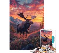 Puzzles pour Adultes 1000 pièces Élan dans Une Prairie au Coucher du Soleil Puzzles pour Adultes Améliore la mémoire Stimule Le Cerveau Idéal comme Cadeau (Dimensions 38x52cm)