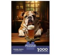Puzzles pour Adultes 1000 Pièces English Bulldog Drink Beer Puzzle pour Adolescents Assemblage De Motifs Interaction Parent-Enfant Jeu Au Design Soigné 38x26cm/1000pcs