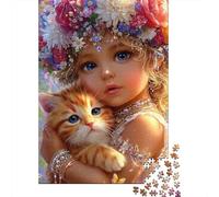Puzzles pour Adultes 1000 Pièces Floral Crowned Child with Kitten Puzzles pour Adultes Jeu Manuel Défi Difficile Aidez Votre Cerveau À Faire Travailler 52x38cm/1000pcs