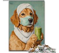 Puzzles pour Adultes 1000 pièces Golden Retriever Buvant du café Jouets éducatifs Amusants à la Maison, Cadeaux d'anniversaire, Cadeaux de Voyage 26x38cm
