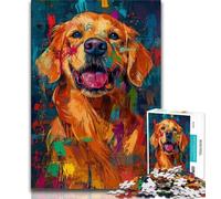 Puzzles pour Adultes 1000 pièces Golden Retriever Peinture à l'huile, Anti-Stress Staycation Kill Time avec Affiche et fiche de Questions Assorties (38x26cm)