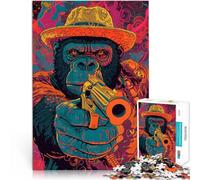 Puzzles pour Adultes 1000 pièces Gorille visant avec Une Arme à feu Fait de Bois pour Les 14 Ans et Plus Vacances Anti-Stress à la Maison Tuer Le Temps Cadeau Amusant en Famille。Taille：50x75cm