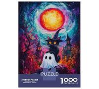Puzzles pour Adultes 1000 Pièces Halloween Witch Cat Puzzles pour Adolescents Jeux De Détente Une Œuvre d'art Cadeaux Uniques pour Un Anniversaire Ou Noël 52x38cm/1000pcs