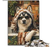 Puzzles pour Adultes, 1000 pièces Husky dans la Salle de Bain, activité familiale Amusante, défi cérébral, pour Adolescent 50x75cm