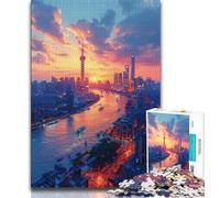 Puzzles pour Adultes 1000 pièces La Tour de la Perle de l'Orient à Shanghai Puzzles pour Adolescents Anti-Stress Staycation Kill Time Wishlist avec Le Père Noël 26x38cm