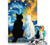 Puzzles pour Adultes 1000 pièces Nuit étoilée Chat Noir et Chat Blanc Romantique Défi Difficile Une œuvre d'art 38x26cm