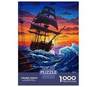 Puzzles pour Adultes 1000 Pièces Pirate Ship at Sea Sunset Puzzle pour Adolescents Assemblage De Motifs Interaction Parent-Enfant Jeu Au Design Soigné 38x26cm/1000pcs