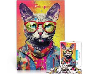 Puzzles pour Adultes 1000 pièces Portrait de Chat Hipster Nerd Jouets de Divertissement Familial Idées Cadeaux 75x50cm
