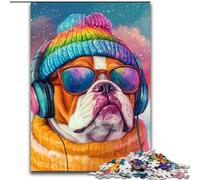 Puzzles pour Adultes 1000 pièces Puzzle Bulldog écoutant de la Musique, Anti-Stress, défi Difficile, idéal comme Cadeau pour Toute la Famille 38x26cm