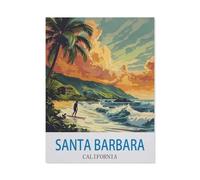 Puzzles pour Adultes 1000 Pièces Puzzle en Bois，Santa Barbara, Californie | Affiche de Voyage Vintage Surf，Impossible Puzzle Brain Challenge ， Convient pour La Décoration De La Maison（75x50cm）-W77