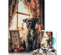 Puzzles pour Adultes 1000 pièces Puzzles Puppy by The Window Staycation Kill Time avec Affiche et fiche de Questions Assorties 26x38cm