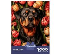 Puzzles pour Adultes 1000 Pièces Rottweiler with Tulips Puzzle Détente Jeux Défi Difficile Cadeau Anti-Stress 38x26cm/1000pcs