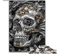 Puzzles pour Adultes 1000 pièces Tête de Mort Noire et dorée, Anti-Stress, Vacances à la Maison, Tue Le Temps avec Affiche Assortie et Feuille de Questions 38x26cm