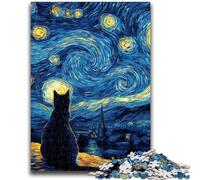 Puzzles pour Adultes 1000 pièces Van Gogh Ciel Nocturne Chat Noir Difficile et défi avec Affiche correspondante et Feuille de Questions pour Les 14 Ans 50x75cm