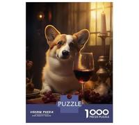 Puzzles pour Adultes 1000 Pièces Welsh Corgi Glass Red Wine Puzzles pour Adultes Jeu Manuel Décoration Parfaite Activités Amusantes À La Maison 70x50cm/1000pcs