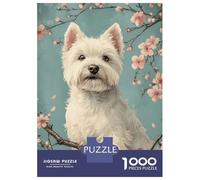 Puzzles pour Adultes 1000 Pièces Westie Dog with Cherry Blossoms Floral White Pup Puzzle Jeux Relaxants Difficile, Difficile, Stimulant À Terminer 70x50cm/1000pcs