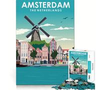 Puzzles pour Adultes 1000 Puzzles Amsterdam Moulin à Vent Voyage Jeu de logique à Bords Nets Jeu Lent et Amusant Scène de Noël Art (38x52cm)