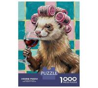 Puzzles Pour Adultes 1000 Puzzles Ferret with Curlers Drinking Wine Painting Puzzles Pour Adolescents Jeux Amusants Course De Vitesse Manuelle Offrez-leur Des Cadeaux Pour Toute La Famille 38x26cm/100