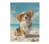 Puzzles pour Adultes 1000pcs(52x38cm) Puzzle Beach Corgi with Hat Jeux De Puzzle en Famille - Défi Difficile - Jeu Stimulant - Cadeaux