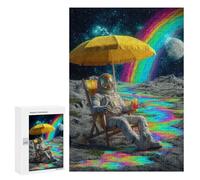 Puzzles pour Adultes 300 PCS Astronaut Relaxing on The Moon with Rainbow Beverage Puzzles pour Adolescents - Anti-Stress - Défi Éducatif - Cadeaux De Noël Et d'anniversaire 300 PCS