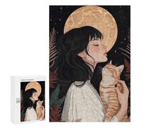 Puzzles pour Adultes 300 PCS Girl Cat Under Moon Puzzle pour Adultes, Jeu De Réflexion, Décoration Murale, Cadeau d'anniversaire, Cadeaux, 300 PCS