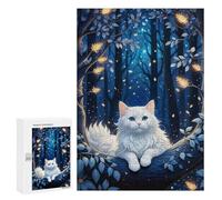 Puzzles Pour Adultes 300 PCS Puzzles A Whimsical Illustration. Fluffy White Cat Nestled on A Dark Blue Tree Adorned with Intric Jeux De Puzzle En Famille Améliore La Mémoire Cadeaux Uniques Pour Un An