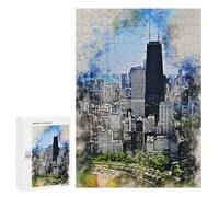 Puzzles pour Adultes 300 PCS Puzzles Chicago in Watercolor Puzzles pour Adolescents Jeu Pratique Course De Vitesse Interaction Parent-Enfant 300 PCS