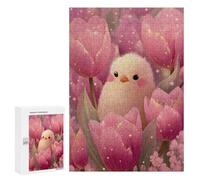 Puzzles pour Adultes 300 PCS Puzzles Cute Chick in Pink Tulips Jeu De Puzzle Casse-tête Une Œuvre d'art Cadeaux d'anniversaire Et Cadeaux Uniques 300 PCS