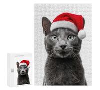 Puzzles pour Adultes 300 PCS Puzzles Russian Blue Cat with Santa Hat Puzzles pour Adultes - Décoration Murale - Difficile - Stimule Le Cerveau 300 PCS