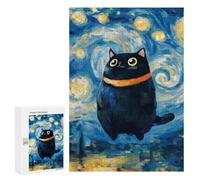 Puzzles pour Adultes 300 PCS Starry Night Black Chubby Cat Art Puzzle pour Adultes, Jeu De Réflexion, Décoration Murale, Cadeau d'anniversaire, Cadeaux, 300 PCS