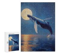 Puzzles pour Adultes 300 PCS Whale Breaching Under The Moonlight Painting Jeu De Puzzle Familial Amusant Et Humoristique, Cadeau d'anniversaire, 300 PCS