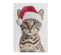 Puzzles pour Adultes 38x26cm/1000pcs Savannah Cat Wearing A Santa Hat Puzzles pour Adolescents Jeu Familial Décoration Parfaite Difficile À Compléter 38x26cm/1000pcs