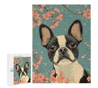 Puzzles pour Adultes 500 PCS Boston Terrier with Cherry Blossoms Art Boston Terrier Art Puzzle pour Adultes, Jeu De Réflexion, Décoration Murale, Cadeau d'anniversaire, Cadeaux, 500 PCS