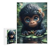 Puzzles pour Adultes 500 PCS Cute Monkey with Frog on Lilypad Puzzle pour Adultes Jeu Manuel Décoration Murale Activités Amusantes À La Maison 500 PCS