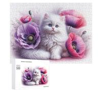 Puzzles pour Adultes 500 PCS Puzzles Fluffy White Kitten with Poppies Puzzles pour Adolescents Jeu Manuel Décoration Parfaite Cadeaux d'anniversaire Et Cadeaux Uniques 500 PCS