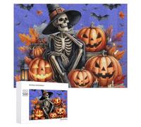 Puzzles pour Adultes 500 PCS Puzzles Halloween Skeleton with Pumpkins Puzzles pour Adolescents Jeu Manuel Décoration Parfaite Cadeaux d'anniversaire Et Cadeaux Uniques 500 PCS