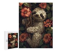 Puzzles pour Adultes 500 PCS Puzzles Smiling Sloth in Flowers Puzzles pour Adolescents Jeu Pratique Course De Vitesse Interaction Parent-Enfant 500 PCS