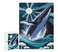 Puzzles pour Adultes 500 PCS Puzzles Whale Leaping from Waves Stained Glass Puzzle pour Adultes - Décoration Murale - Idéal pour Les Parents Et Les Enfants 500 PCS